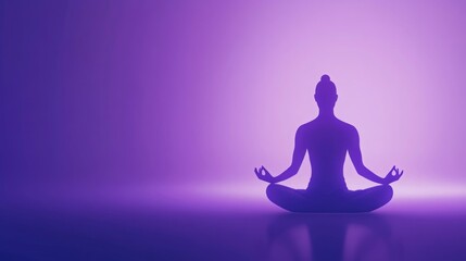 Serene woman meditating in a purple-lit room. Find inner peace.