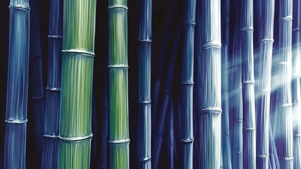 Tranquil bamboo forest wallpaper featuring tall green stalks with sunlight gently filtering through, creating a peaceful and serene atmosphere in any space.
