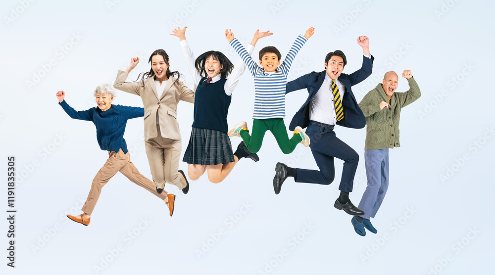 Aufkleber 家族、ファミリー、ジャンプ、元気、親子、子供、飛躍、チャレンジ、挑戦、シニア、教育、笑顔、パパ、ママ、おじいちゃん、おばあちゃん、子育て、育児、小学生、中学生、支援、サポート、スタート、自由、躍動感、アクティブ、アクション、ステップアップ、成長、目標、ポジティブ、やる気、モチベーション、喜ぶ、嬉しい、楽しい、キャンペーン、イベント、プレゼント、日本人、若い、グループ、全身、集合、白バック、切り抜き