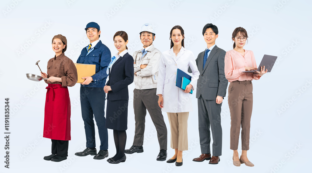 Fototapete 職業、仕事、転職、グループ、人材、ビジネス、働く、日本人、並ぶ、整列、チームワーク、企業、会社員、アルバイト、男性、女性、作業員、エンジニア、ビジネスマン、ビジネスパーソン、調理師、配達員、世代、スポットワーク、ミドルエイジ、若い、多様性、科学者、医師、様々、異業種、労働者、派遣、正社員、契約社員、労働基準法、雇用、権利、社会、全身、集合、プロフェッショナル、スタッフ、白バック、切り抜き、横長、バ