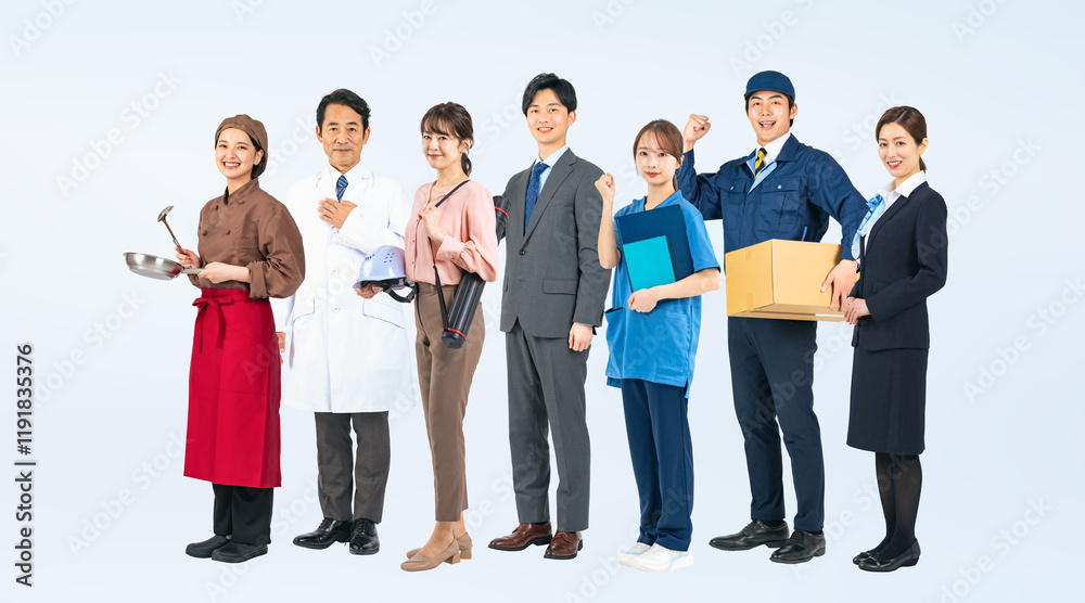 Fototapete 人材、仕事、職業、日本人、男性、女性、集合、転職、ビジネス、労働者、国民、雇用、専門家、プロフェッショナル、エキスパート、スペシャリスト、ガッツポーズ、チャレンジ、努力、挑戦、グループ、キャリア、就職、働く、医師、エンジニア、作業員、調理師、アルバイト、看護師、配達員、ビジネスパーソン、契約、会社員、企業、チームワーク、整列、並ぶ、派遣、経営、個人事業主、フリーランス、社会人、専門学校、資格、ギグ