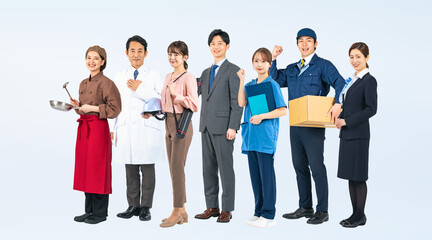 人材、仕事、職業、日本人、男性、女性、集合、転職、ビジネス、労働者、国民、雇用、専門家、プロフェッショナル、エキスパート、スペシャリスト、ガッツポーズ、チャレンジ、努力、挑戦、グループ、キャリア、就職、働く、医師、エンジニア、作業員、調理師、アルバイト、看護師、配達員、ビジネスパーソン、契約、会社員、企業、チームワーク、整列、並ぶ、派遣、経営、個人事業主、フリーランス、社会人、専門学校、資格、ギグ