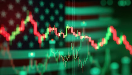 Stock market chart fluctuates on screen with USA flag backdrop. Economic trends, recession effects on US economy. Digital display shows up, down financial data. Analysis of market fluctuations