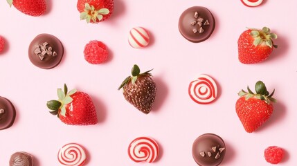 Fototapeta premium 73.Concept 4: Chocolate-covered strawberry and lollipop pattern on light pink background