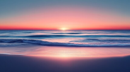 Obraz premium Serene pink sunrise over calm ocean beach.