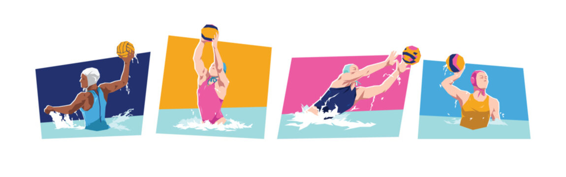 Set of female water polo player character in action. Sport, activity. Isolated on white background. Flat vector illustration.