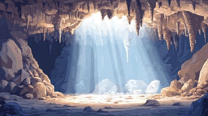 Sunbeams illuminate cave interior, revealing stalactites and rocky floor.