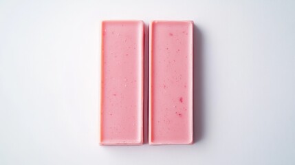 116.Two vibrant pink strawberry chocolate bars with smooth surfaces and faint fruity textures, arranged vertically on a pristine white background.