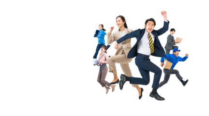 元気にジャンプする様々な職業のグループの全身写真　手作業で精密に切り抜いた背景透過全身写真PNG（1人ずつのPNG画像も販売しております。作成者リンクから「PNG」で検索してください）