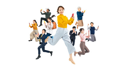 スマホを使いながらジャンプする幅広い世代の人々　手作業で精密に切り抜いた背景透過全身写真PNG（1人ずつのPNG画像も販売しております。作成者リンクから「PNG」で検索してください）