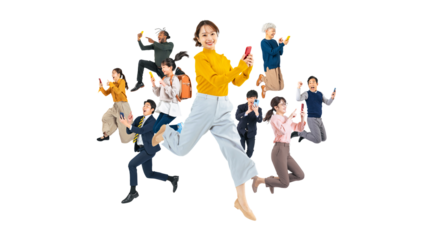 スマホを使いながらジャンプする幅広い世代の人々　手作業で精密に切り抜いた背景透過全身写真PNG（1人ずつのPNG画像も販売しております。作成者リンクから「PNG」で検索してください）