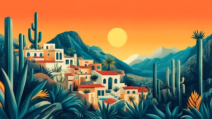 A digital illustration of a picturesque desert village at sunset, nestled amidst stunning mountains and lush vegetation.