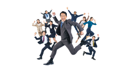 元気にジャンプする幅広い世代のビジネスパーソングループ　手作業で切り抜いた背景透過全身写真PNG（1人ずつのPNG画像も販売しております。作成者リンクから「PNG」で検索してください）