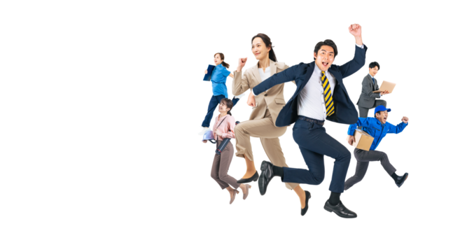 元気にジャンプする様々な職業のグループの全身写真　手作業で精密に切り抜いた背景透過全身写真PNG（1人ずつのPNG画像も販売しております。作成者リンクから「PNG」で検索してください）