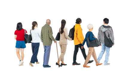 歩きながら何かを眺める幅広い世代の人々の後ろ姿　手作業で精密に切り抜いた背景透過全身写真PNG（1人ずつのPNG画像も販売しております。作成者リンクから「PNG」で検索してください）