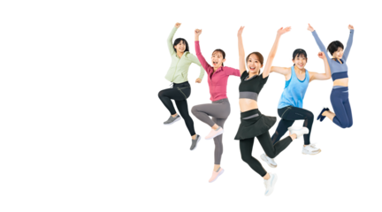 元気にジャンプするスポーツウェアを着た女性グループ　手作業で精密に切り抜いた背景透過全身写真PNG（1人ずつのPNG画像も販売しております。作成者リンクから「PNG」で検索してください）