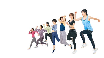 Obraz premium 元気にジャンプするスポーツウェアを着た女性グループ 手作業で精密に切り抜いた背景透過全身写真PNG（1人ずつのPNG画像も販売しております。作成者リンクから「PNG」で検索してください）