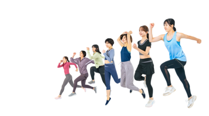 元気にジャンプするスポーツウェアを着た女性グループ　手作業で精密に切り抜いた背景透過全身写真PNG（1人ずつのPNG画像も販売しております。作成者リンクから「PNG」で検索してください）