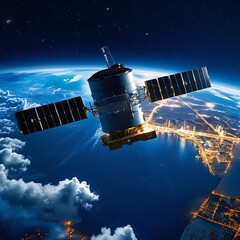Fototapeta premium Satellite Orbiting Earth with Stunning Night View from Space