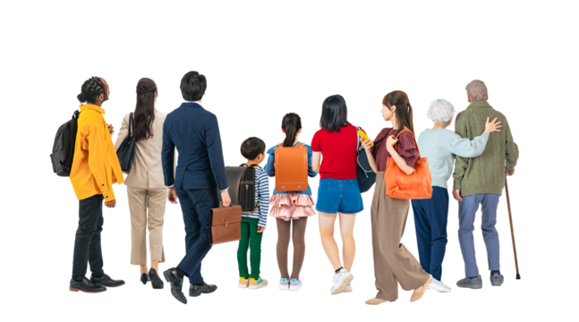 歩きながら何かを眺める幅広い世代の人々の後ろ姿　手作業で精密に切り抜いた背景透過全身写真PNG（1人ずつのPNG画像も販売しております。作成者リンクから「PNG」で検索してください）