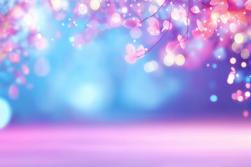 Colorful bokeh lights and flower petals create a dreamy atmosphere in a soft landscape