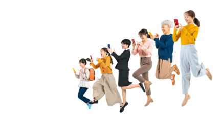 スマホを見ながらジャンプする幅広い世代の女性グループ　手作業で精密に切り抜いた背景透過全身写真PNG（1人ずつのPNG画像も販売しております。作成者リンクから「PNG」で検索してください）