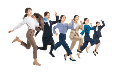 元気にジャンプするキャリアウーマンのグループ　手作業で精密に切り抜いた背景透過全身写真PNG（1人ずつのPNG画像も販売しております。作成者リンクから「PNG」で検索してください）