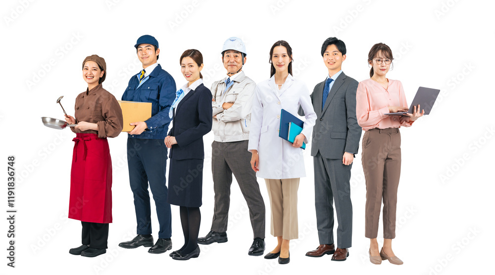 Aufkleber 横に並ぶ様々な職業の人々のグループ　手作業で精密に切り抜いた背景透過全身写真png（1人ずつのpng画像も販売しております。作成者リンクから「png」で検索してください）