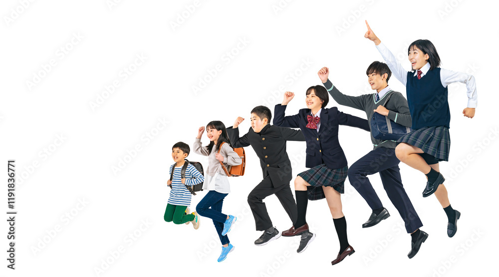 Aufkleber 元気よくジャンプする様々な学年の学生グループ　手作業で精密に切り抜いた背景透過全身写真png（1人ずつのpng画像も販売しております。作成者リンクから「png」で検索してください）