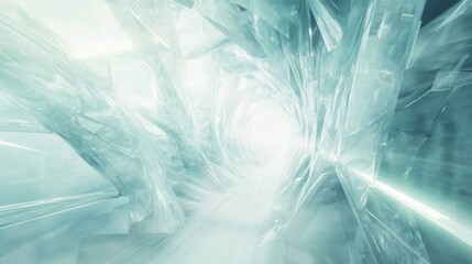 Obraz premium 3.An abstract 3D-rendered futuristic corridor, bathed in white light. The walls appear soft and fluid, with geometric shapes emerging and dissolving. Light radiates from the end of the tunnel, giving