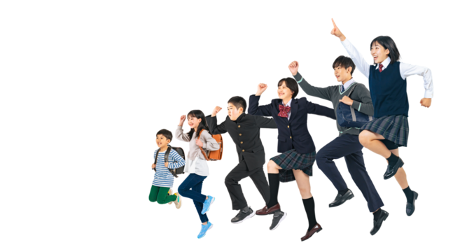 元気よくジャンプする様々な学年の学生グループ　手作業で精密に切り抜いた背景透過全身写真PNG（1人ずつのPNG画像も販売しております。作成者リンクから「PNG」で検索してください）