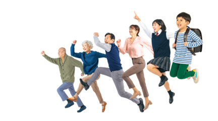 元気よくジャンプする三世代家族　手作業で精密に切り抜いた背景透過全身写真PNG（1人ずつのPNG画像も販売しております。作成者リンクから「PNG」で検索してください）