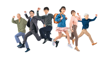 元気よくジャンプする三世代家族　手作業で精密に切り抜いた背景透過全身写真PNG（1人ずつのPNG画像も販売しております。作成者リンクから「PNG」で検索してください）