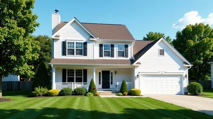 Fototapeta premium Attractive Suburban Home with White Siding, Brown Roof, and Lush Green Lawn