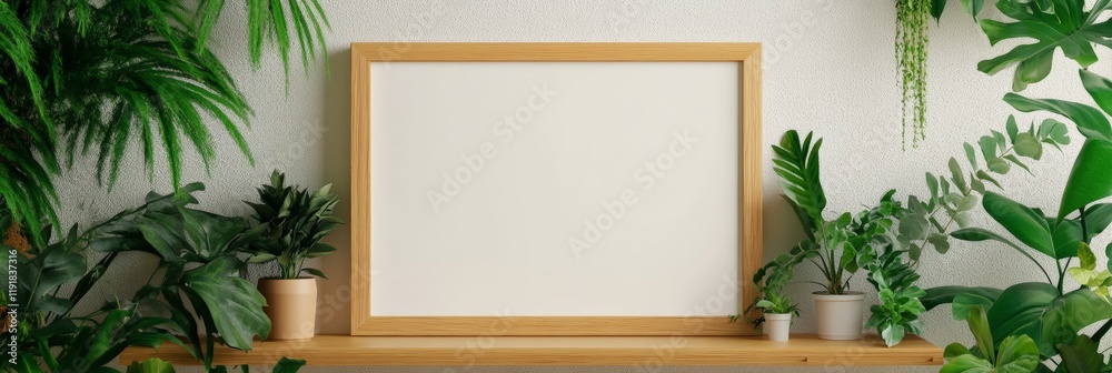 Aufkleber horizontal wooden frame mockup is hanging on a white wall in a room decorated with various plants on