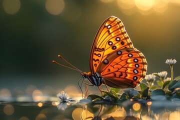 Orange butterfly near water, sunset bokeh.