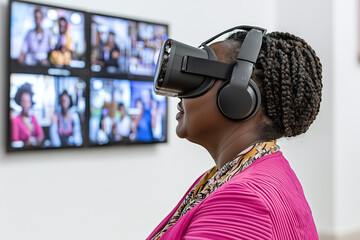 woman wearing virtual reality headset engages with immersive news stories, showcasing technology impact on journalism. background features screen displaying various images