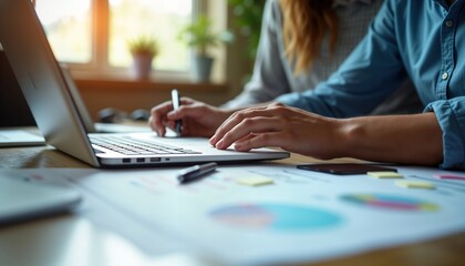 Close up of two people working together on laptop, graphic tablet. Collaborating on project. Papers with charts, diagrams on table. Office setting suggests business meeting teamwork session. Planning