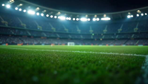 Close up view of lush green soccer field at night. Stadium filled with people. Illuminated by spotlights. Intense energy. Ready for match. Exciting sporting event. Professional level.