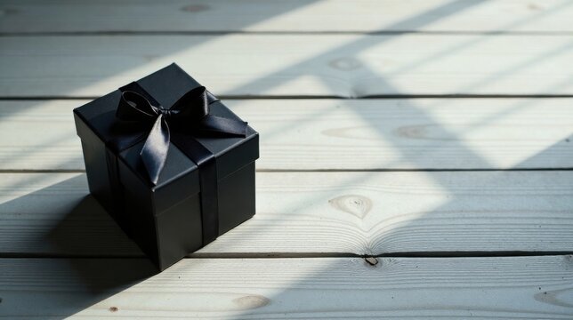 A mysterious black gift box with a satin ribbon sits on a light wood surface, bathed in sunlight casting intriguing shadows