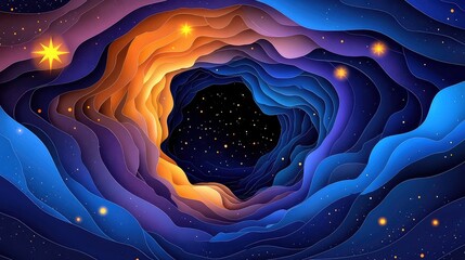 Midnight Black Hole with Swirling Cosmic Layers and Glowing Stars A paper cut style depicting a mysterious black hole surrounded by layered stars nebulae and a vibrant cosmic background