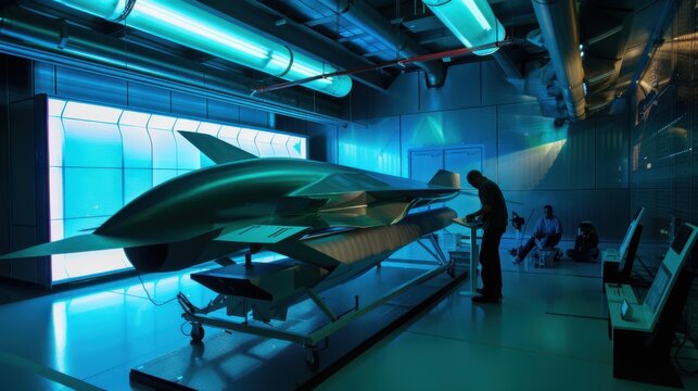 A dynamic aerospace technology research center with engineers testing new aircraft designs in wind tunnels and flight simulators, Aerospace research center scene, Aviation innovation style