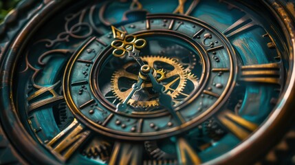 Obraz premium A close-up of an ornate clock face showcasing intricate gears and a vintage design.
