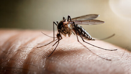 Close-Up of a Mosquito on Human Skin, A Visual Representation of Dengue, Malaria, and Zika Fever Risks: A highly detailed close-up photo of a mosquito perched on human skin