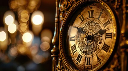 Obraz premium An ornate clock with detailed engravings and Roman numerals, set against a blurred background.