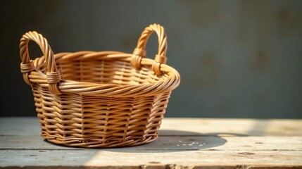 A charming, empty wicker basket with two handles sits on a rustic wooden surface, bathed in soft sunlight