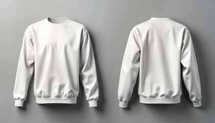 Blank white long sleeve sweatshirt. Front, back views. Casual wear. Stylish template for designers, clothing brands. Versatile garment for season. Simple design. Blank canvas for custom prints,