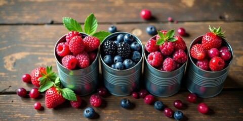 A delightful arrangement of assorted berries in rustic metal cans, featuring vibrant raspberries, blackberries, and strawberries, all nestled on a dark wooden surface.