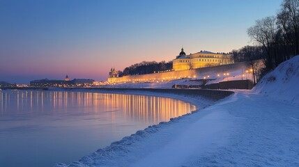 Fototapeta premium Serene Winter Wonderland View of Veliky Novgorod Kremlin at Dusk