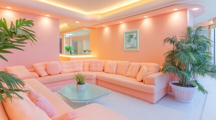 Fototapeta premium Pink living room, sectional sofa, plants, city view, interior design